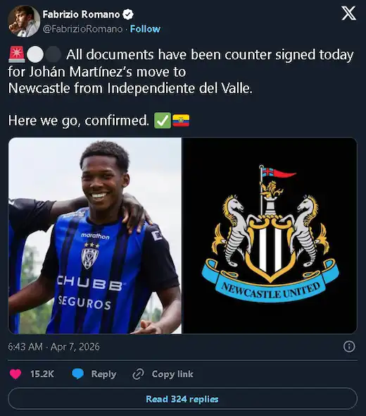Se oficializó el traspaso de Johan Martínez al Newcastle United. El jugador de Independiente del Valle se incorporará a la Premier League en 2027.