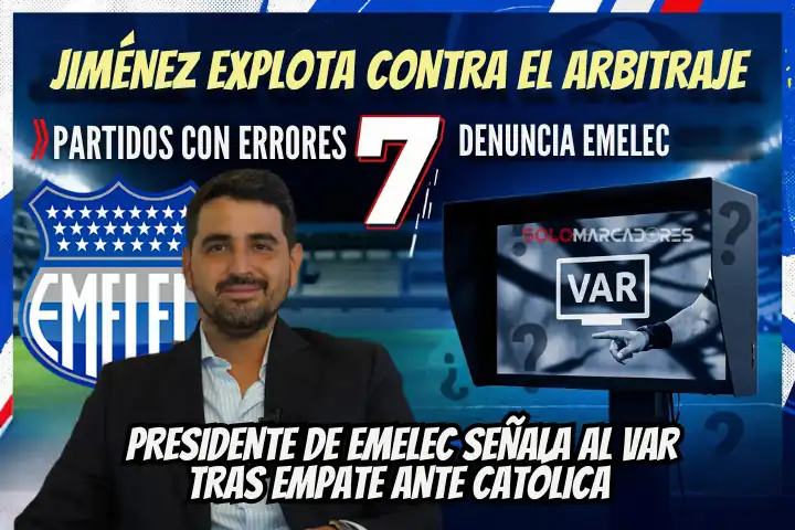 José David Jiménez explota contra el arbitraje: "Hay cuestiones oscuras con el VAR" 23 José David Jiménez, presidente de Emelec, denuncia errores arbitrales en 7 partidos y cuestiona el VAR tras el empate 1-1 ante Universidad Católica.