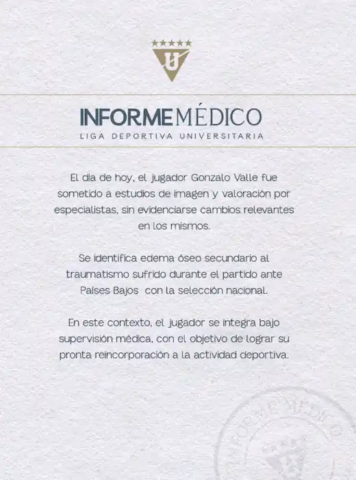 ¿Qué le pasó a Gonzalo Valle? El reporte médico de Liga de Quito tras el susto en La Tri