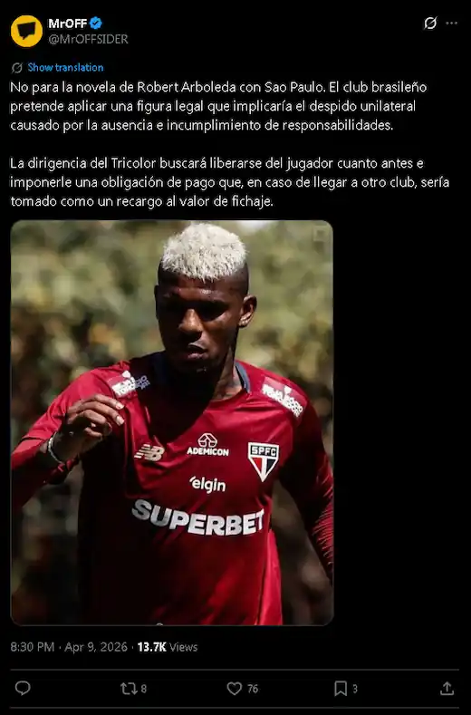 São Paulo busca rescindir el contrato de Robert Arboleda por justa causa y exige el pago de 100 millones de euros.