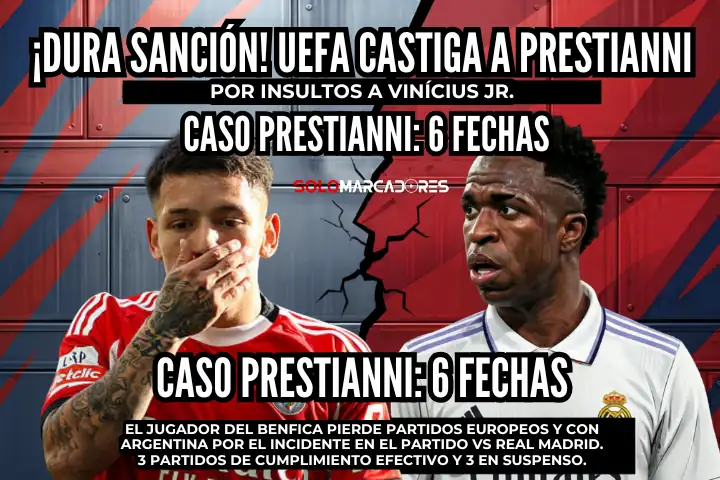 UEFA sanciona a Gianluca Prestianni con 6 partidos por insultos a Vinícius Júnior.