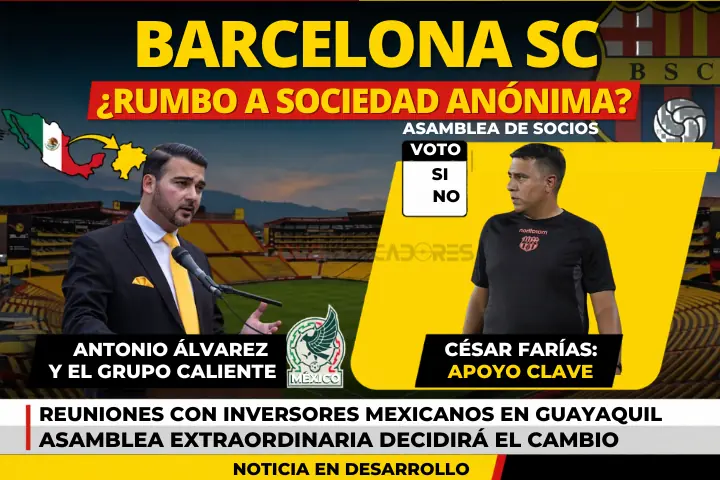 Barcelona SC explora su transformación a Sociedad Anónima bajo el interés del Grupo Caliente 22 Barcelona SC analiza convertirse en Sociedad Anónima tras reuniones con el Grupo Caliente. Conoce los detalles del acuerdo y el respaldo de César Farías.