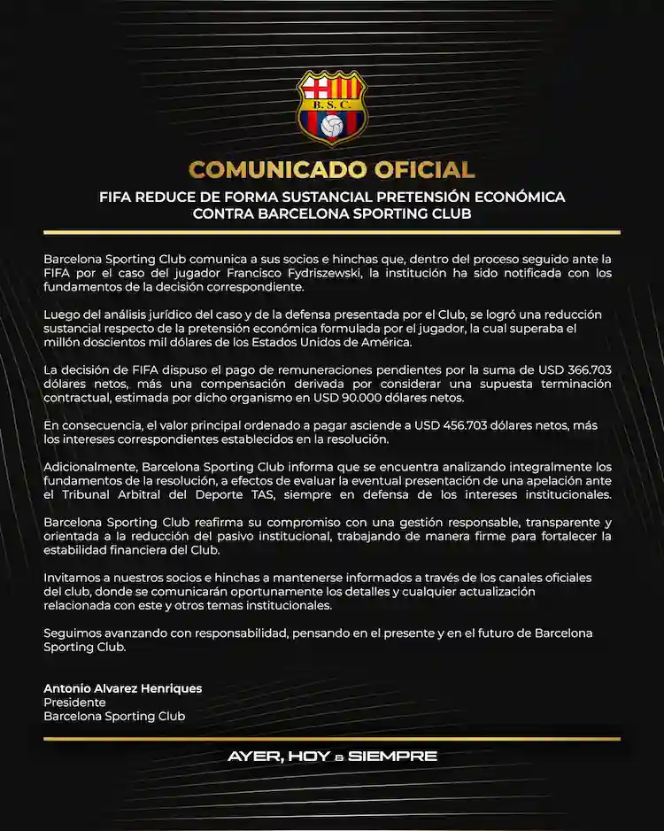 Barcelona SC logra importante reducción en deuda con Fydriszewski 24 FIFA falló a favor de Barcelona SC en el caso Fydriszewski.