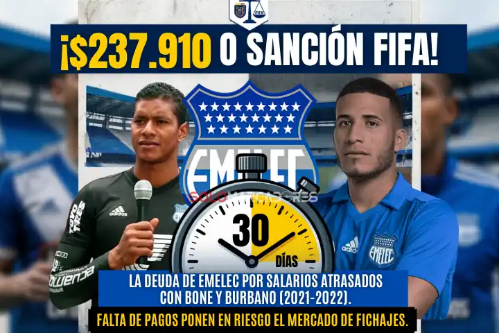 El calvario financiero de Emelec: más de 200 mil dólares en salarios atrasados por pagar 23 Emelec deberá pagar más de $230.000 a Adrián Bone y Robert Burbano tras el fallo de la FEF. Tiene 30 días para evitar sanciones de la FIFA.