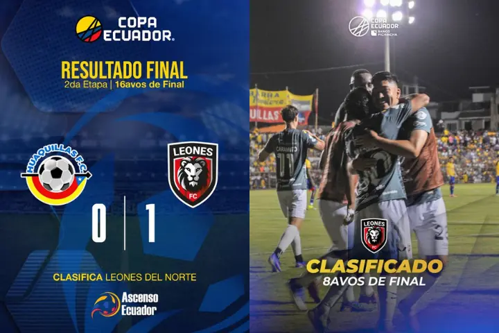 Leones FC venció a Huaquillas FC y se metió en los octavos de final de la Copa Ecuador 23 Leones FC derrotó 1-0 a Huaquillas FC en El Oro con gol de Agustín Mansilla y avanzó a los octavos de final de la Copa Ecuador.