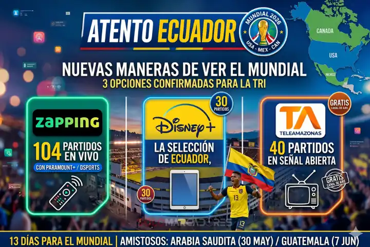 Tres opciones para ver la Copa del Mundo en el país: Zapping se suma con una alianza clave 22 Conoce las opciones oficiales para ver el Mundial 2026 en Ecuador. Detalles de Zapping, Paramount+, Disney+ y los partidos por Teleamazonas.