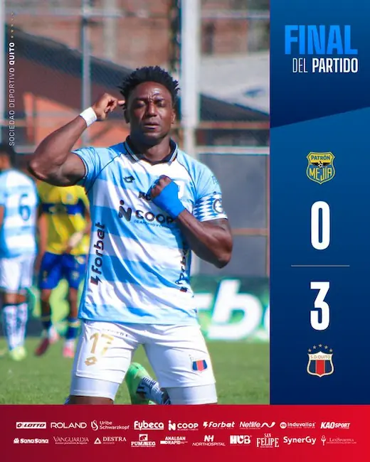 El sueño de la Plaza del Teatro se enciende con una goleada que consolida el liderato 24 Deportivo Quito derrotó 3-0 a Patrón Mejía con goles de Ocles, Ordóñez y Arroyo, consolidándose en la cima del cuadrangular de Segunda Categoría.
