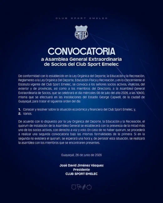 Emelec define el futuro de sus finanzas en una crucial Asamblea General Extraordinaria 23 Emelec define el futuro de sus finanzas en una crucial Asamblea General Extraordinaria