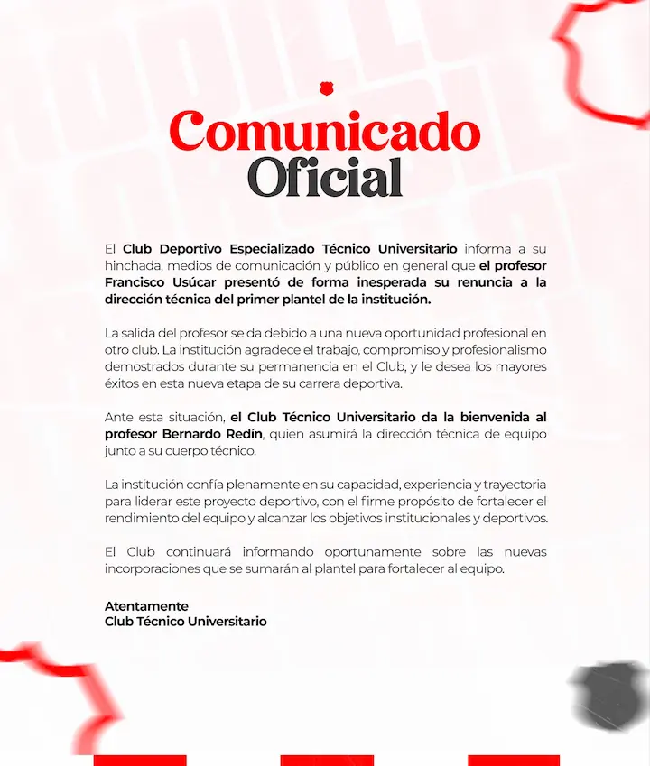 Técnico Universitario oficializa la salida de Francisco Usúcar y la llegada de Bernardo Redín como nuevo DT 23 Técnico Universitario confirmó la renuncia de Francisco Usúcar por una oferta externa. El colombiano Bernardo Redín es el nuevo DT del Rodillo.