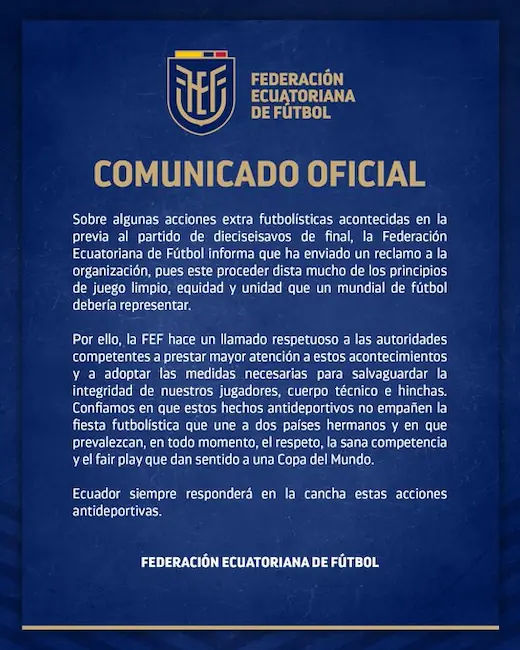 Batalla en el Azteca: El firme reclamo de Ecuador ante el hostigamiento en México 23 La FEF emite un enérgico comunicado tras el ruidazo de hinchas locales en el hotel de La Tri. Ecuador siempre responderá en la cancha este martes.