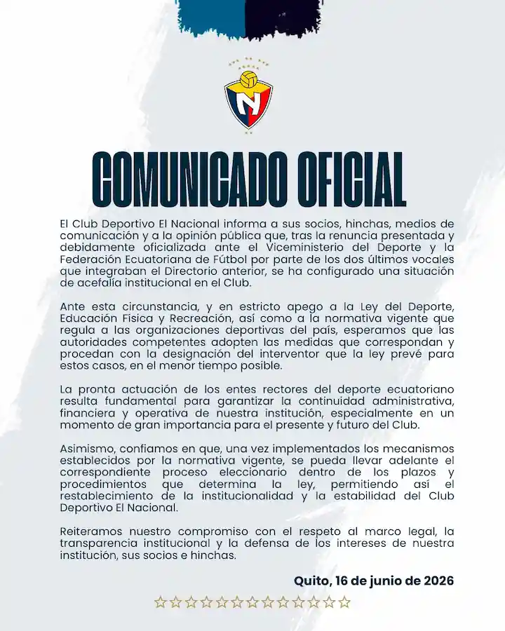 El Bi-Tri al borde del colapso: El Nacional se queda sin directiva y exige una intervención urgente 24 El Nacional se queda oficialmente sin directiva tras la renuncia de sus últimos vocales. El Bi-Tri solicita a la FEF un interventor urgente.