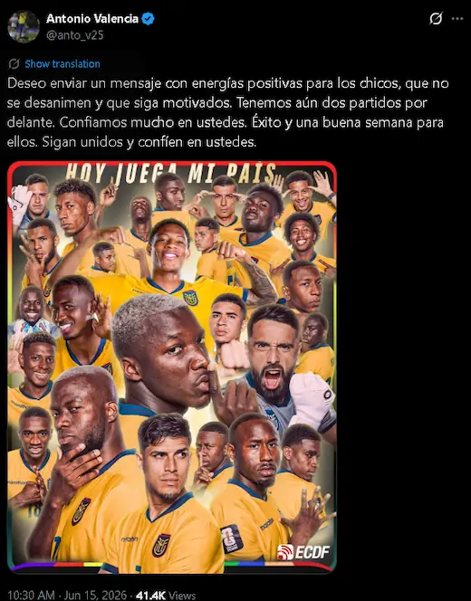 El mensaje de fe de Antonio Valencia que sacude el vestuario de La Tri antes de enfrentar a Curazao 24 Antonio Valencia envió un mensaje de apoyo a la Selección de Ecuador tras la caída en el Mundial 2026 y analizó los errores tácticos de La Tri.