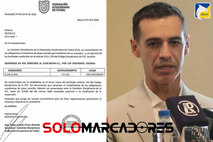 Delfín corre contra el reloj: la deuda que compromete su futuro en la LigaPro 22 La FEF suspendió a Delfín por una deuda de $350.000 con el club La Paz. El Cetáceo tiene hasta el viernes 26 de junio para pagar o perderá puntos.