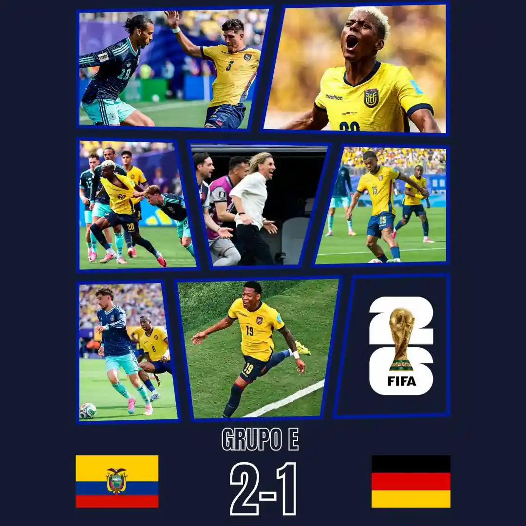 Ecuador le ganó por primera vez a Alemania y clasificó a los 16avos. de final 23 Ecuador remontó 2-1 a Alemania con goles de Angulo y Plata en el MetLife Stadium y aseguró su histórica clasificación a 16avos del Mundial 2026.