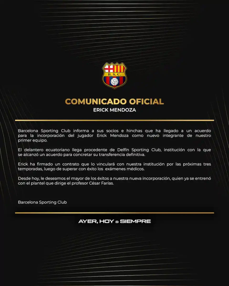 Barcelona SC se refuerza para la LigaPro: Erick Mendoza se viste de amarillo por tres temporadas 23 Barcelona SC confirmó el fichaje definitivo de Erick Mendoza. El extremo firmó por tres temporadas y ya se entrena con el equipo de César Farías.