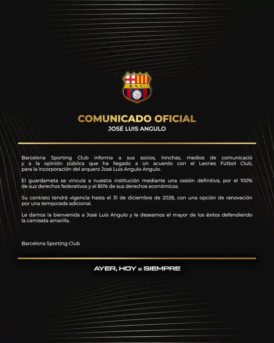 Nuevas manos para Barcelona: ¿Quién es el arquero que fichó el Ídolo del Astillero? 23 Barcelona Sporting Club fichó al arquero José Luis Angulo hasta 2028. Conoce los detalles del contrato y sus estadísticas en la temporada 2026.