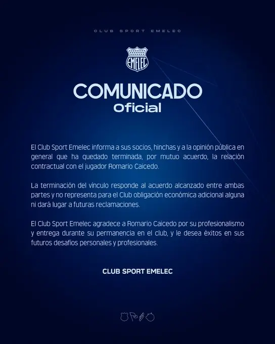 Romario Caicedo define su futuro de inmediato tras rescindir contrato con Emelec 23 Romario Caicedo jugará en Guayaquil City tras acordar la rescisión de su contrato con Emelec por mutuo acuerdo.