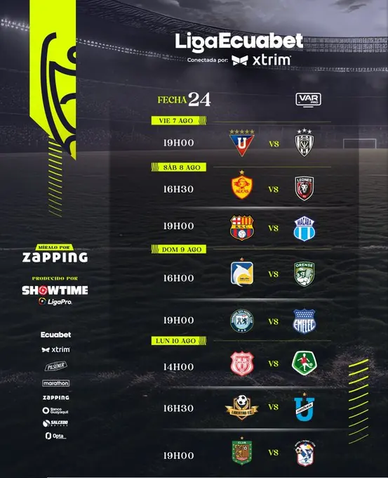 La fecha 24 de la LigaPro 2026 ya tiene horarios 22 Revisa el calendario de la fecha 24 de la Liga Ecuabet 2026. Horarios del 7 al 10 de agosto con Liga, IDV, Barcelona y Emelec.