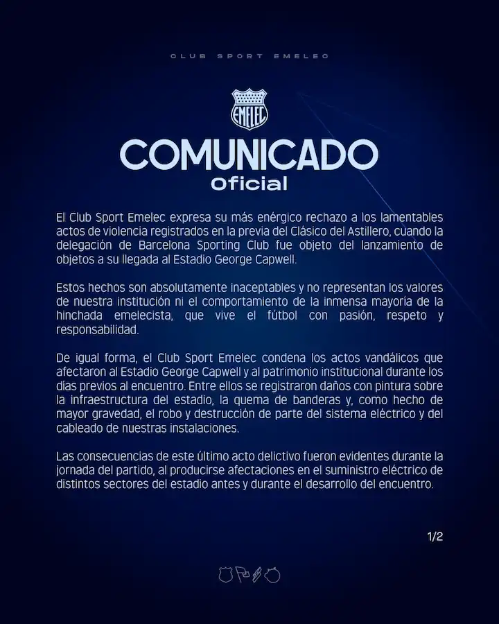 Emelec rompe el silencio tras los graves incidentes del Clásico 23 Emelec emitió un comunicado oficial denunciando robos en el sistema eléctrico del Capwell y agresiones a la delegación de Barcelona SC.