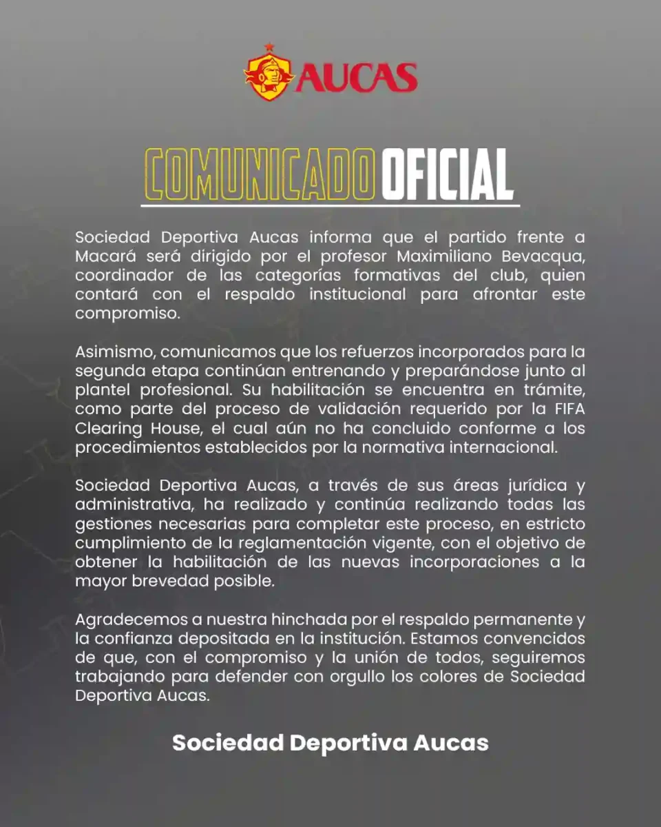 Aucas confirma a Bevacqua ante Macará pero calla sobre la salida de Araujo 22 Aucas designa a Bevacqua ante Macará tras la salida de Araujo y gestiona refuerzos en el FIFA Clearing House. Conoce los detalles oficiales.