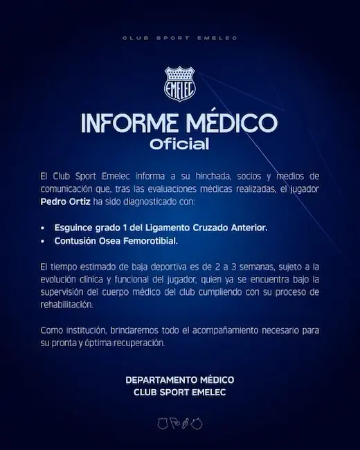 Pedro Ortiz fuera de las canchas: Emelec confirma su tiempo de baja por lesión 22 Emelec confirma el informe médico de Pedro Ortiz. Sufrirá entre dos a tres semanas de baja por un esguince de ligamento. Conoce los detalles.