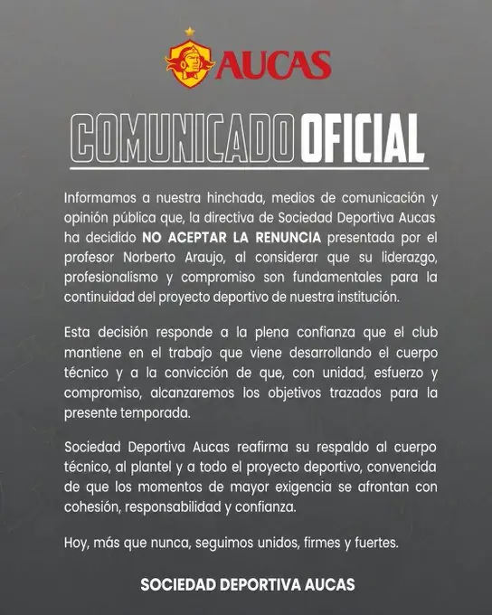 ¿Se queda el Samurai? Aucas rechaza la renuncia de Norberto Araujo y frena su salida 23 Aucas no acepta la renuncia de Norberto Araujo y respalda su continuidad, mientras Maximiliano Bevacqua asumió el interinato.