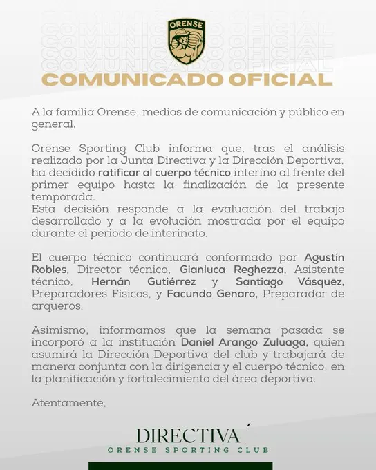 Orense SC ratifica a Agustín Robles como su director técnico 23 Orense SC descarta DT extranjero y confirma a Agustín Robles como su entrenador definitivo para lo que resta de la temporada.