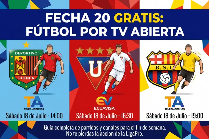 Fecha 20 LigaPro: Fecha y canales confirmados para ver el fútbol gratis este fin de semana 22 Conoce qué partidos de la fecha 20 de la LigaPro por TV abierta se verán gratis este fin de semana a través de Teleamazonas y Ecuavisa.