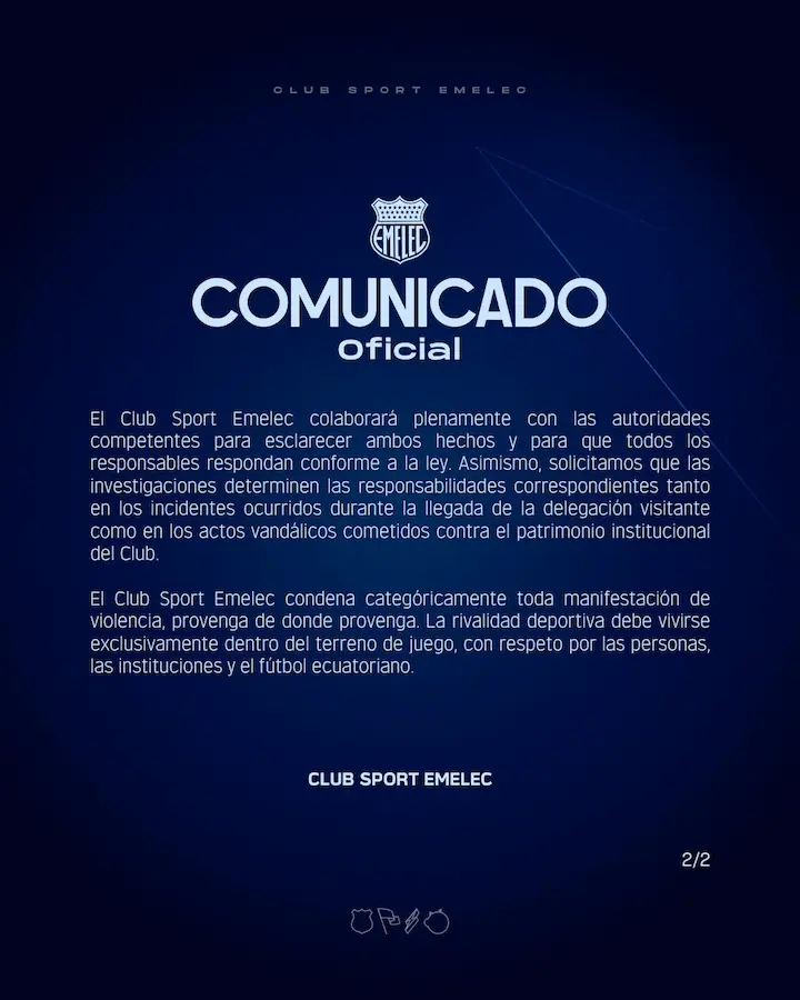 Emelec rompe el silencio tras los graves incidentes del Clásico 24 Emelec emitió un comunicado oficial denunciando robos en el sistema eléctrico del Capwell y agresiones a la delegación de Barcelona SC.