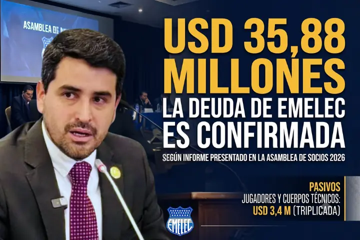 Emelec confirma una deuda de USD 35,88 millones 23 La deuda de Emelec alcanzó los USD 35,88 millones según el balance presentado en la Asamblea de Socios por el presidente José David Jiménez.