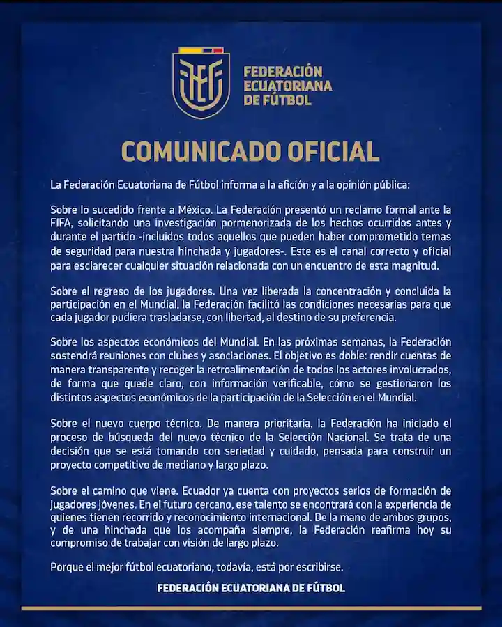 ¿Qué hay detrás del silencio de la FEF? Las verdades tras la eliminación y el plan urgente para la Selección 22 La Federación Ecuatoriana de Fútbol exige investigación a FIFA por seguridad en México, inicia búsqueda de DT y alista rendición de cuentas financieras.