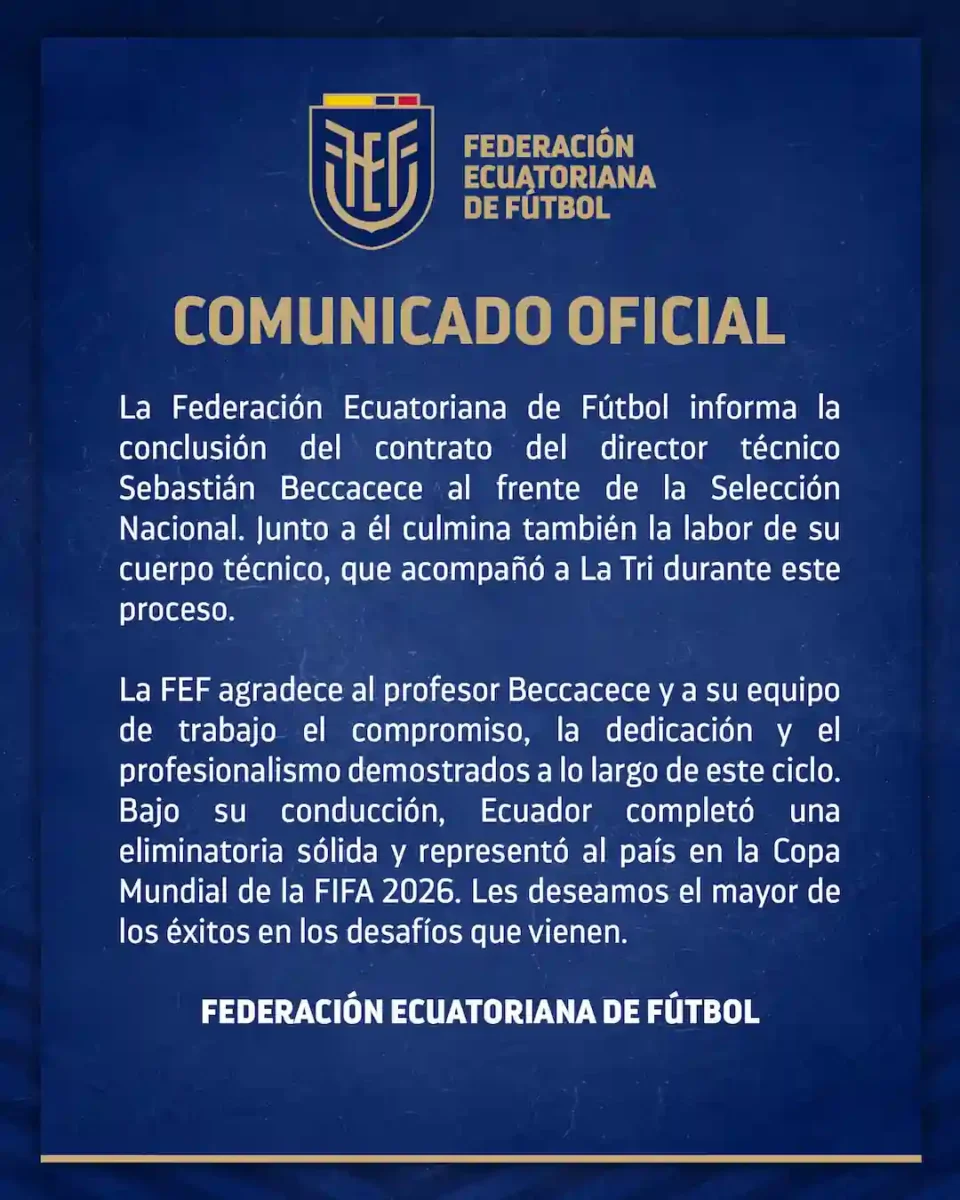 ¡Fin del ciclo Beccacece! La FEF oficializó la salida del DT tras la eliminación del Mundial 23 La FEF confirmó la salida de Sebastián Beccacece de la Selección de Ecuador tras la eliminación en el Mundial 2026. Revise los números del DT.
