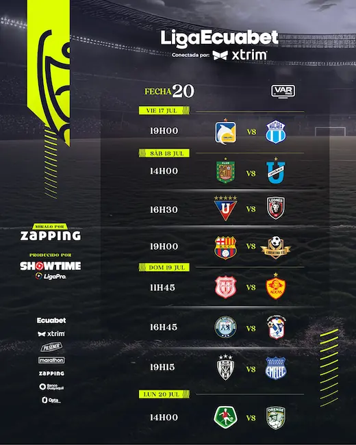 Fecha 20 LigaPro: Fecha y canales confirmados para ver el fútbol gratis este fin de semana 23 Conoce qué partidos de la fecha 20 de la LigaPro por TV abierta se verán gratis este fin de semana a través de Teleamazonas y Ecuavisa.