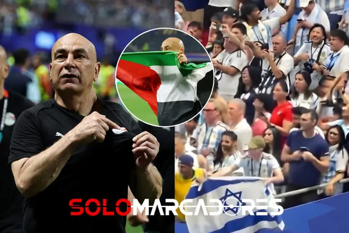 Hinchas exhiben bandera de Israel ante el DT de Egipto tras la clasificación de Argentina 23 Hinchas mostraron una bandera de Israel al DT de Egipto, Hossam Hassan, quien reacciono con molestia tras la clasificacion de Argentina.
