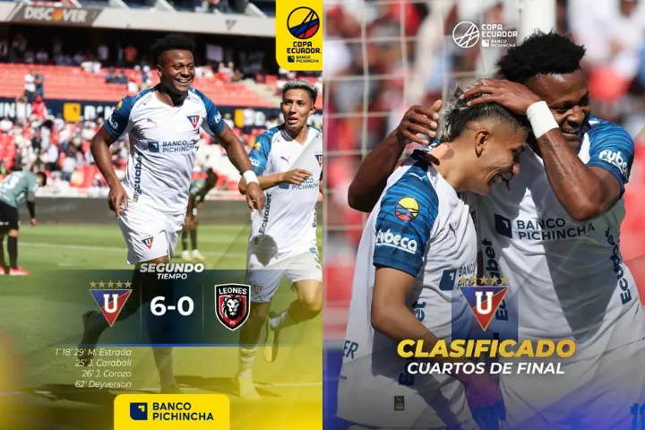 De la mano de Gustavo Álvarez: Liga de Quito aplasta a Leones y avanza con autoridad en Copa Ecuador 22 Liga de Quito aplastó 6-0 a Leones con triplete de Estrada y avanzó a cuartos de final de la Copa Ecuador en el debut del DT Gustavo Álvarez.