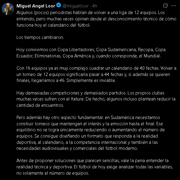 El motivo técnico por el que la LigaPro no puede reducirse a 12 equipos 23 Miguel Ángel Loor descartó una LigaPro de 12 equipos al explicar que elevaría el torneo a 46 fechas, saturando el calendario del fútbol ecuatoriano.
