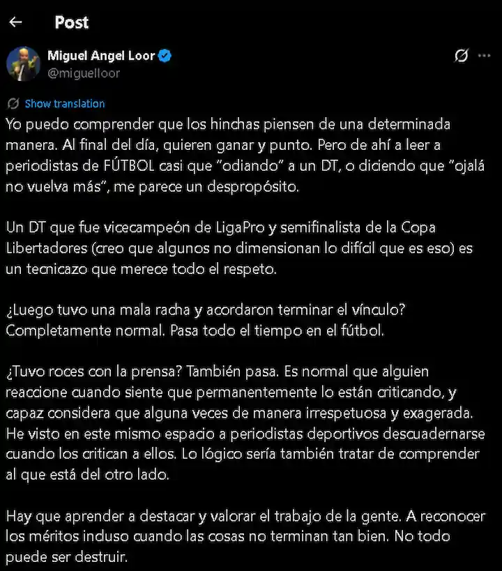 Liga de Quito despide a Tiago Nunes y Miguel Ángel Loor fustiga con dureza las críticas periodísticas 23 Miguel Loor cuestionó con dureza a la prensa tras la salida de Tiago Nunes en Liga de Quito. Repasó sus números y exigió respeto profesional.