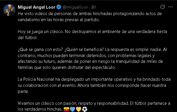El fútbol bajo ataque: Miguel Ángel Loor condenó los actos de vandalismo 23 Miguel Ángel Loor rechazó los destrozos provocados por hinchas de Barcelona y Emelec antes del Clásico del Astillero y advirtió sanciones legales.