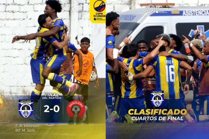 Astillero FC rompe los pronósticos y se mete a los cuartos de final de la Copa Ecuador 23 Astillero FC venció 2-0 a Daquilema FC en Fertisa y clasificó a los cuartos de final de la Copa Ecuador. Su rival será Universidad Católica.