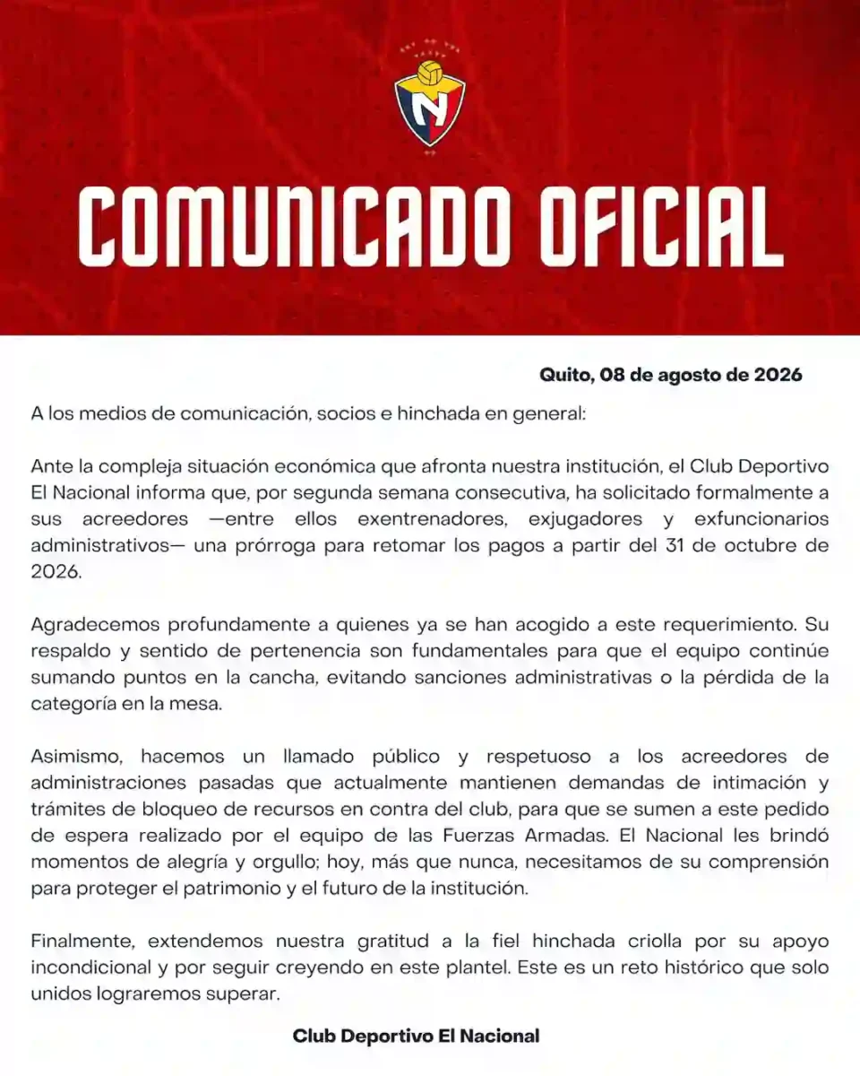 El salvavidas de los acreedores: El Nacional esquiva otra sanción y sigue con vida en la cancha 23 El Nacional esquiva una nueva suspensión ante la FEF gracias a la comprensión de sus acreedores. El club insiste en una prórroga hasta octubre.