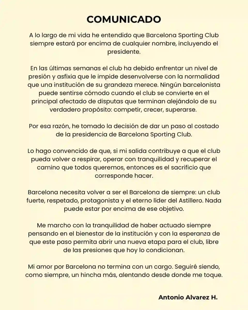 Antonio Álvarez renuncia a la dirigencia de Barcelona SC 24 Antonio Álvarez renuncia a la dirigencia de Barcelona SC. Miguel Montalvo es el nuevo presidente definitivo. Conoce los detalles del remezón torero.