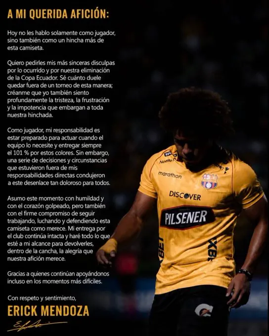 La dura confesión de Erick Mendoza tras el error reglamentario que dejó fuera a Barcelona SC de Copa Ecuador 22 Erick Mendoza se pronunció tras la eliminación de Barcelona SC en Copa Ecuador por alineación indebida. El club desvinculó a los responsables.