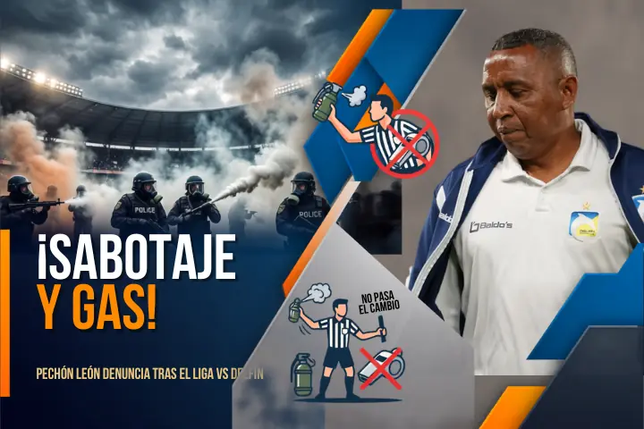 El grave altercado tras el Liga vs. Delfín: 'Pechón' León denuncia arbitraje y agresión con gas 23 Juan Carlos León arremetió contra el árbitro Lenin Quiñónez y denunció que él y tres jugadores fueron afectados por gases de la Policía.