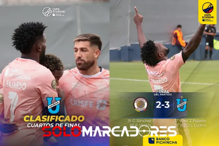 Universidad Católica clasifica a cuartos de Copa Ecuador con heroico doblete de Fajardo 23 Universidad Católica venció 2-3 a Vinotinto al minuto 96 con doblete de Fajardo y clasificó a cuartos en la Copa Ecuador.