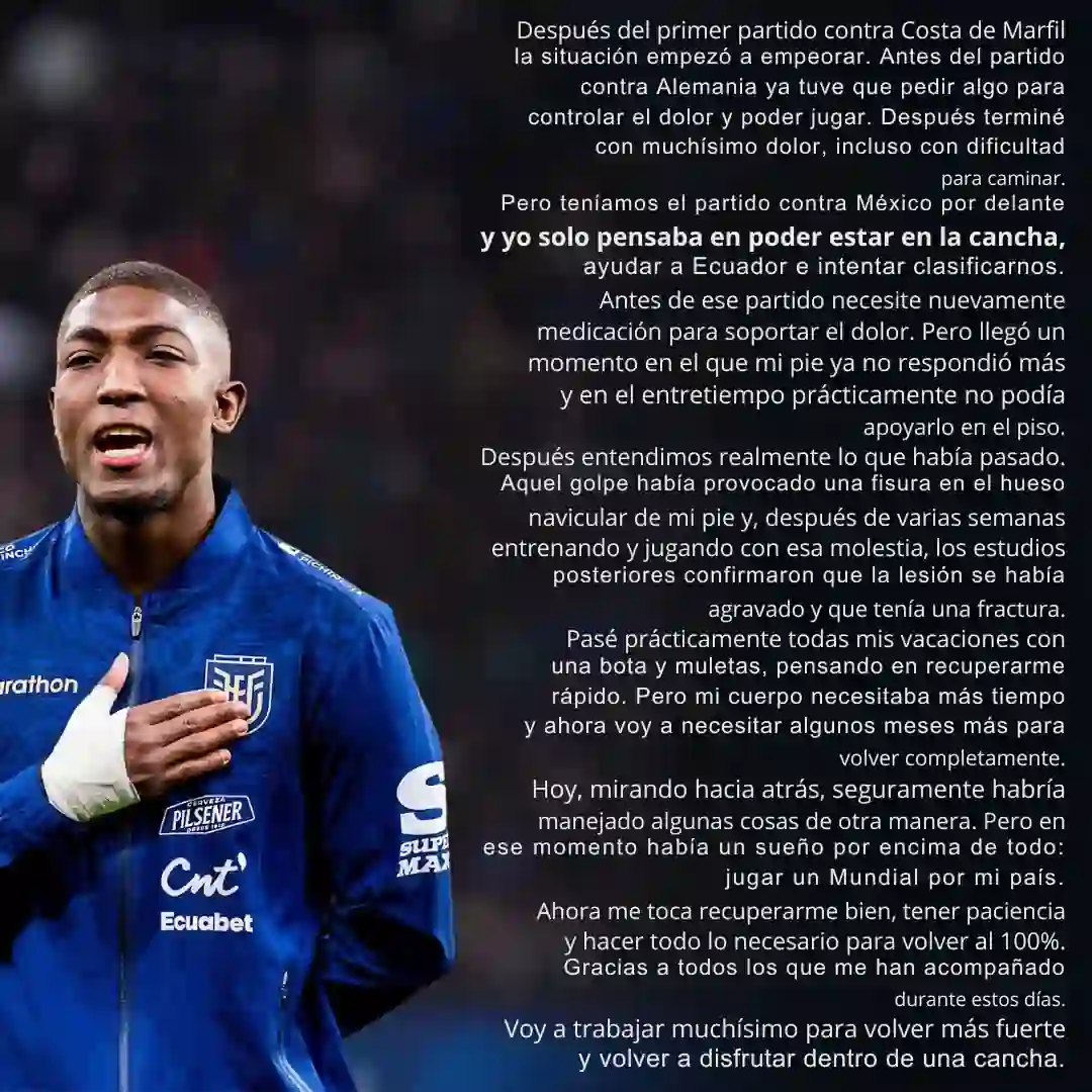 Arriesgó su carrera por jugar el Mundial: el drama de Joel Ordóñez tras caerse su fichaje a Crystal Palace 23 Joel Ordóñez explicó la fractura que sufrió por jugar el Mundial con Ecuador y que frustró su pase de 30 millones a Crystal Palace.