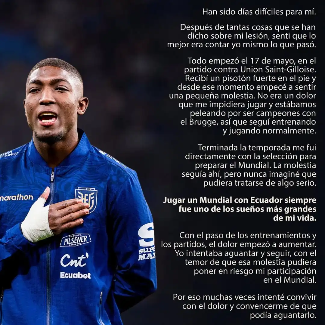 Arriesgó su carrera por jugar el Mundial: el drama de Joel Ordóñez tras caerse su fichaje a Crystal Palace 22 Joel Ordóñez explicó la fractura que sufrió por jugar el Mundial con Ecuador y que frustró su pase de 30 millones a Crystal Palace.