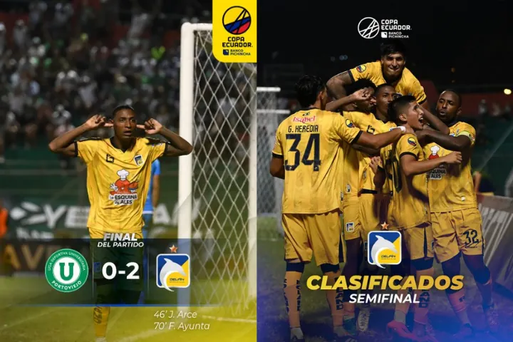 Delfín SC se mete en semifinales de la Copa Ecuador 22 Delfín SC venció 2-0 a Liga de Portoviejo en el Reales Tamarindos con goles de Arce y Ayunta, clasificando a semifinales de la Copa Ecuador 2026.