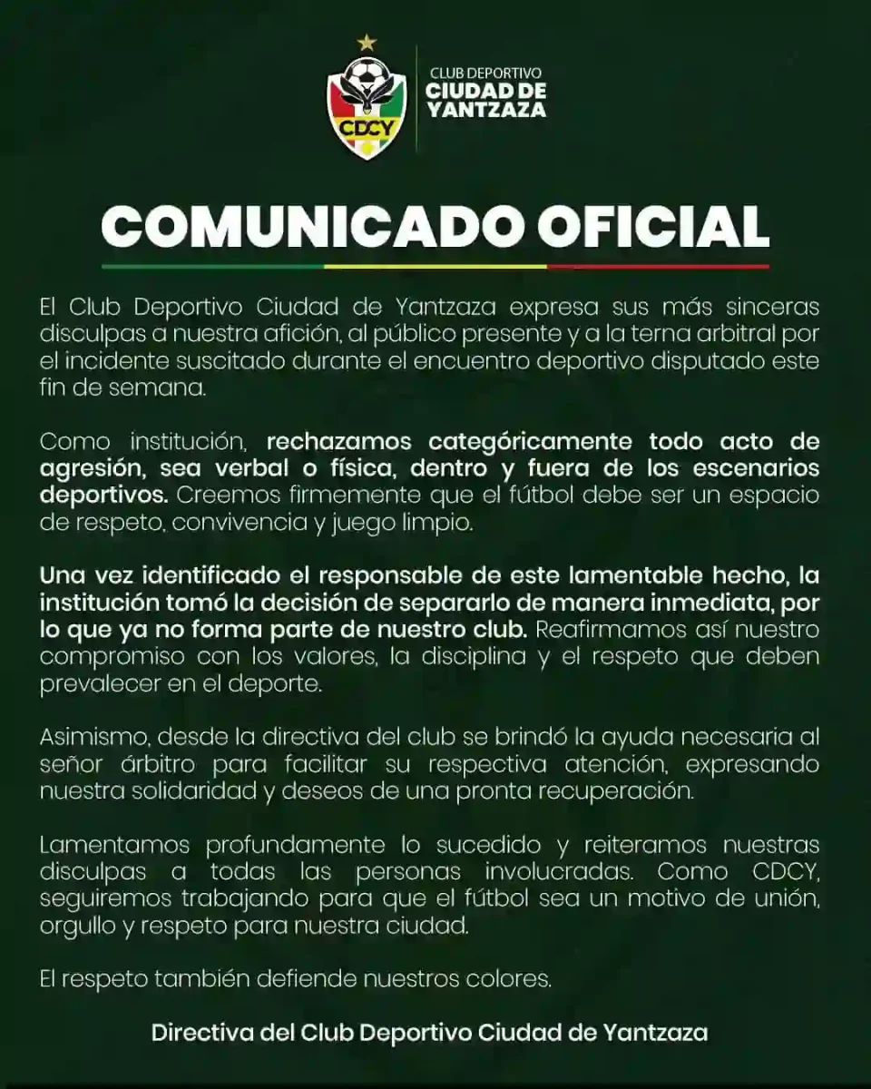 ¡Violencia que indigna! Juez de línea es trasladado en ambulancia tras recibir una pedrada en el Ascenso Nacional 23 Un juez de línea agredido con una piedra y trasladado en ambulancia en el partido de Segunda Categoría entre Ciudad de Yantzaza y Río Aguarico.