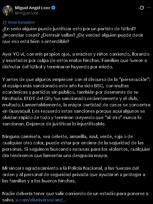 Miguel Ángel Loor reprocha desmanes en el encuentro de Emelec y exige frenar las justificaciones 22 Miguel Ángel Loor reprocha desmanes en el encuentro de Emelec y exige frenar las justificaciones